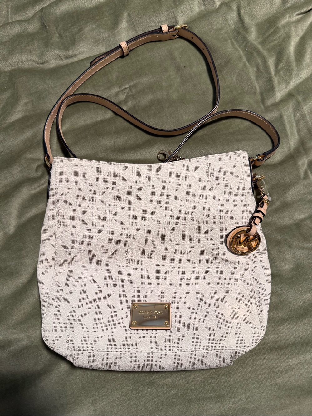 Michael Kors Cream and Tan Signature MK Crossbody Bag with Gold Charm